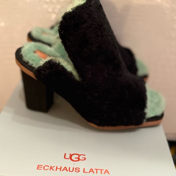 UGG x Eckhaus Latta Special Collection Black and Mint Green Shearling Fur Mules - Picture 4 of 13